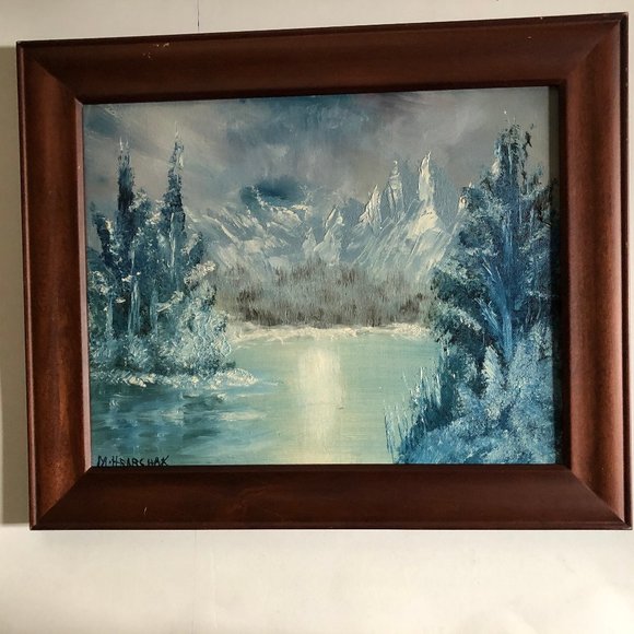 Small art painting on canvas board with wood frame landscape home decor signed - Picture 1 of 4